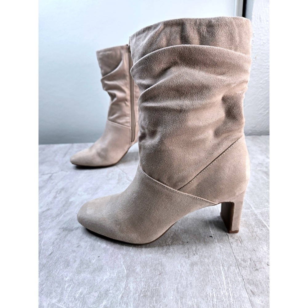 Slouchy Mid Calf Boots 8 Faux Suede Block Heel Square Toe Comfort Heeled Booties